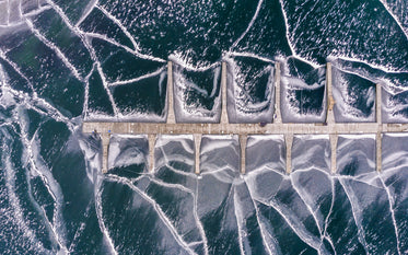 aerial view of frozen pier