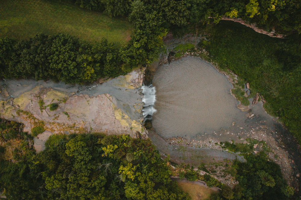 aerial view of river and pool