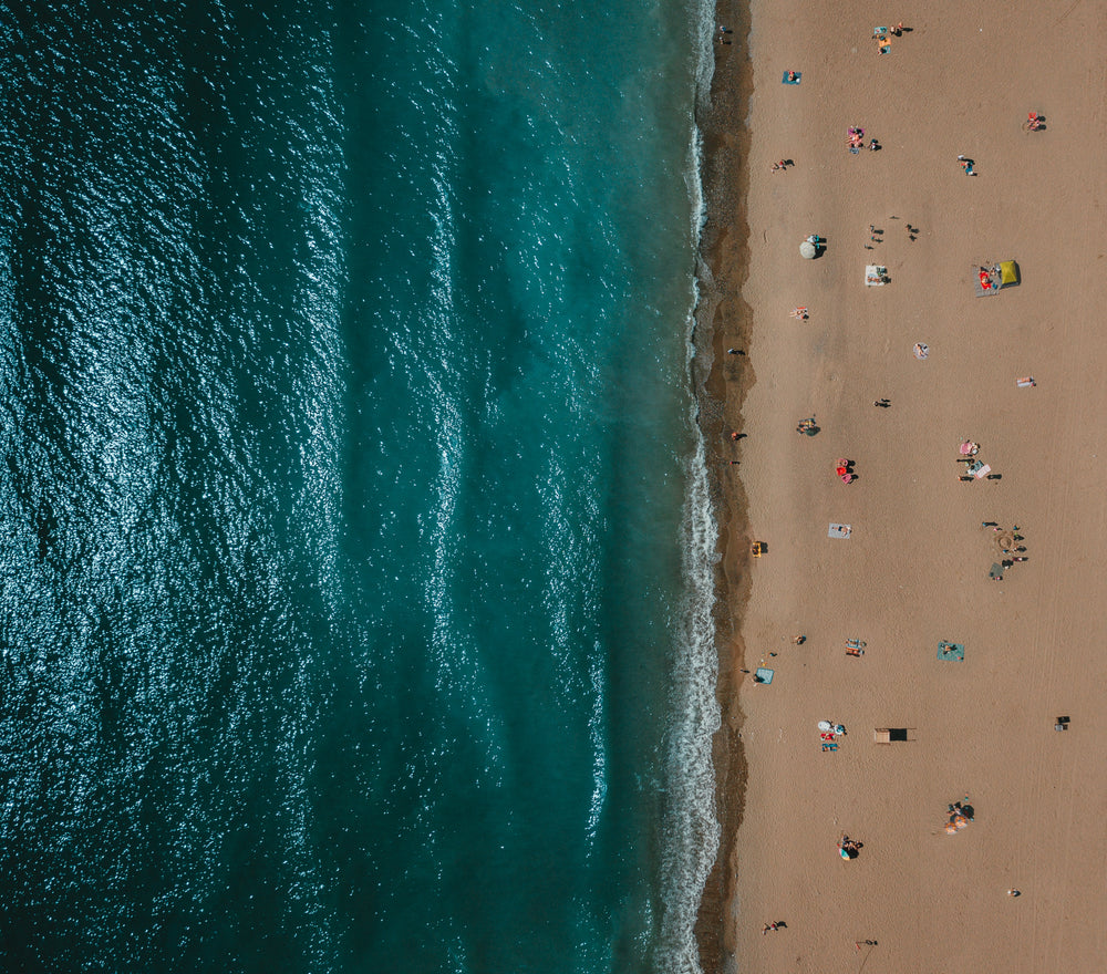 aerial view of sandy beach scattered with sunbathers
