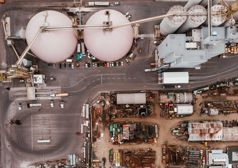 an aerial shot of a factory complex