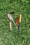 an assortment of gardening tools on green grass