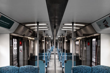 an empty sunway with blue seats