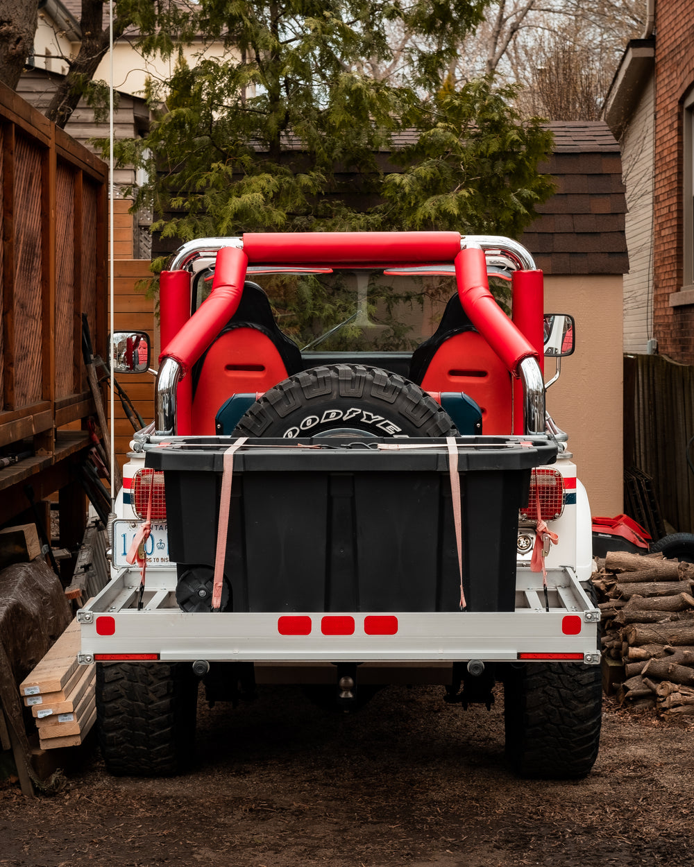 an off road vehicle with storage strapped down