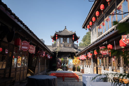 an open courtyard with red lanterns at each doorway