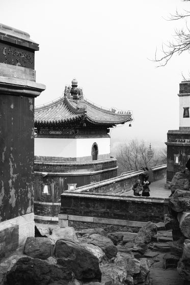 ancient chinese temples in black and white