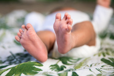 baby feet on a blanket patterned with green leaves
