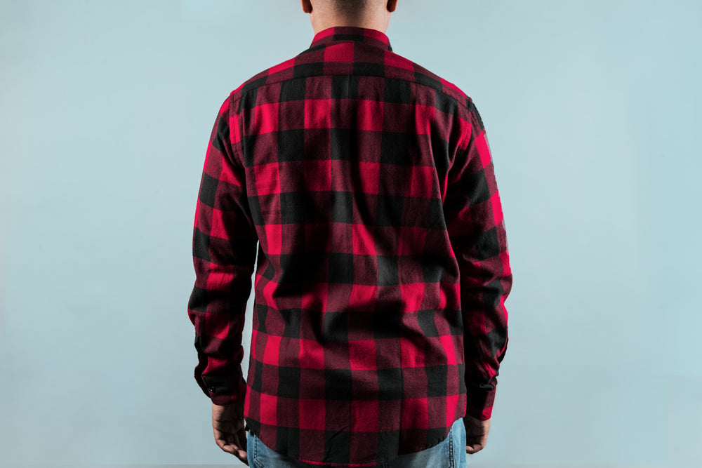 back of red plaid shirt