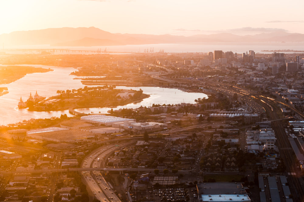 bay side city at sunset