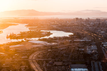 bay side city at sunset