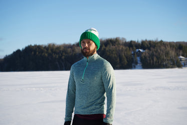 bearded man in snowy field