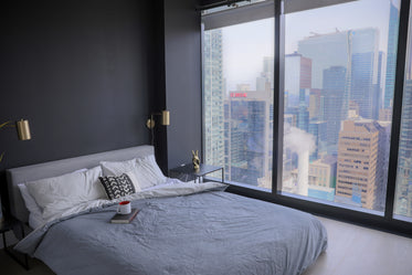 bedroom with a black wall and large windows