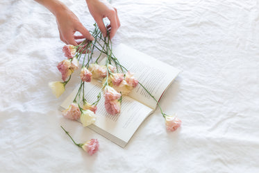 bedsheet, flowers & hands