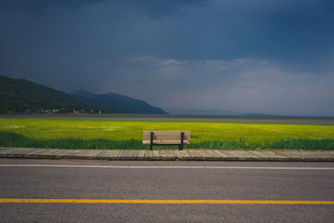 bench overlooking farm field and oncoming storm
