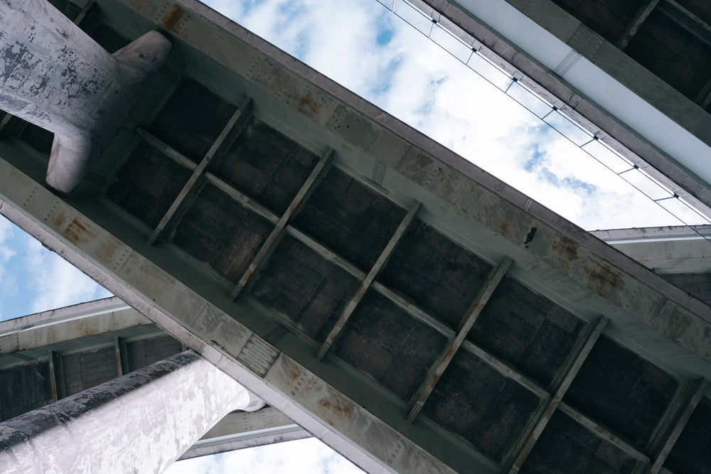 beneath a freeway angled raised roads