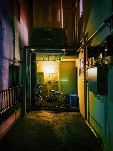 bicycle parked against by alley colored by light