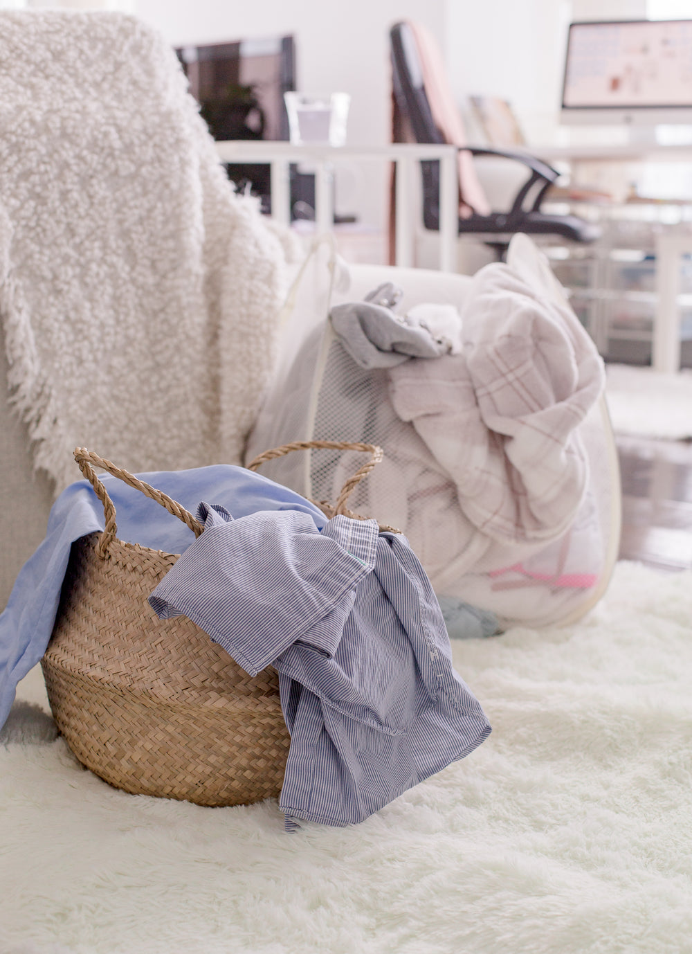 bins and baskets filled with clothing