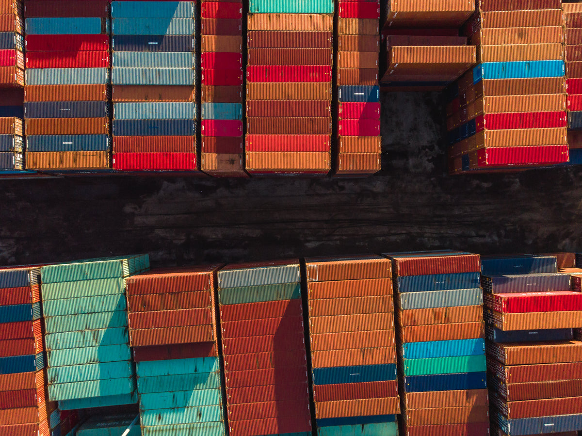 birds eye view of rows of shipping containers