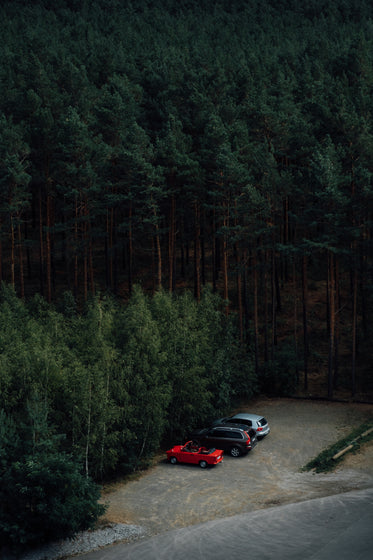 Browse Free HD Images of Birds Eye View Of Three Cars Parked Outside A Tall  Lush Forest