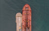 birdseye view of the front of a docked ship