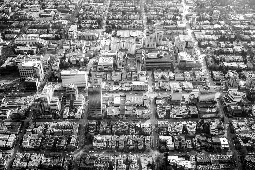 black and white city aerial