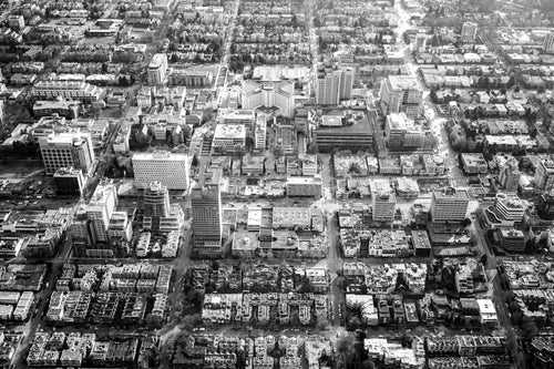 black and white city aerial