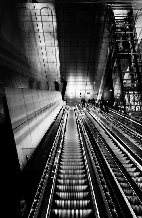 black and white escalator