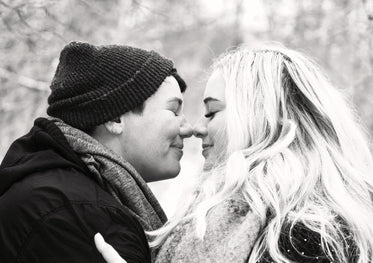 black and white image of an eskimo kiss