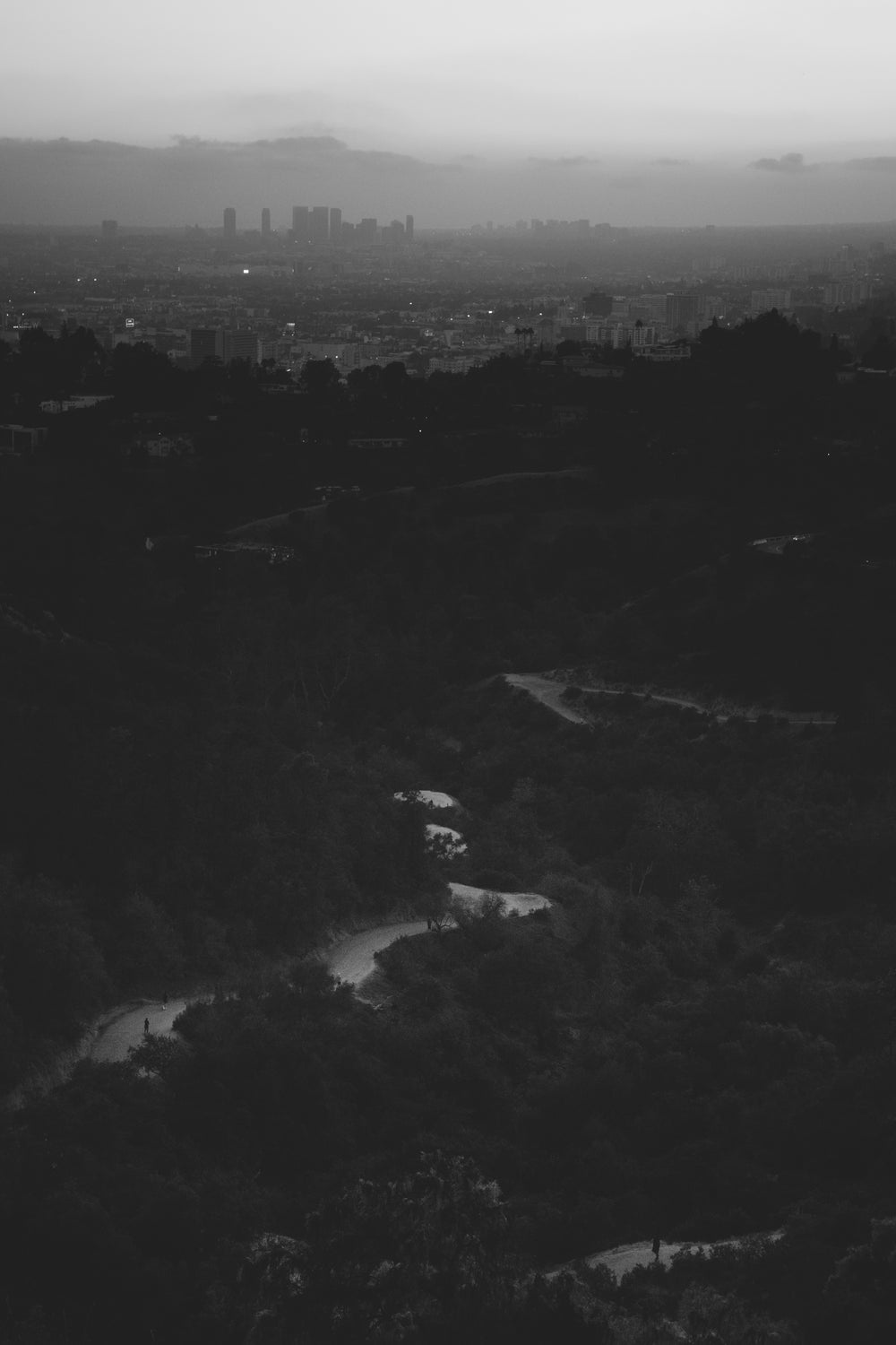 black and white landscape with city in the distance