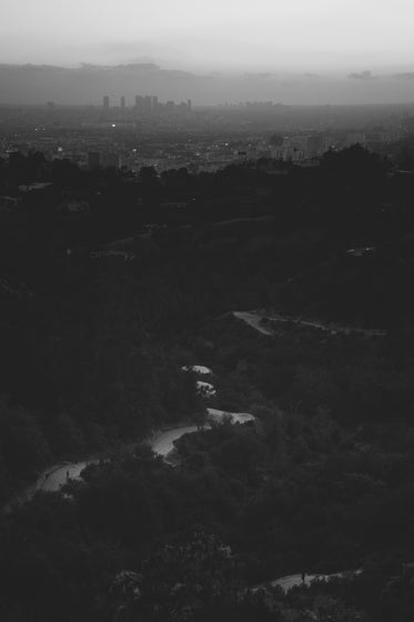 black and white landscape with city in the distance