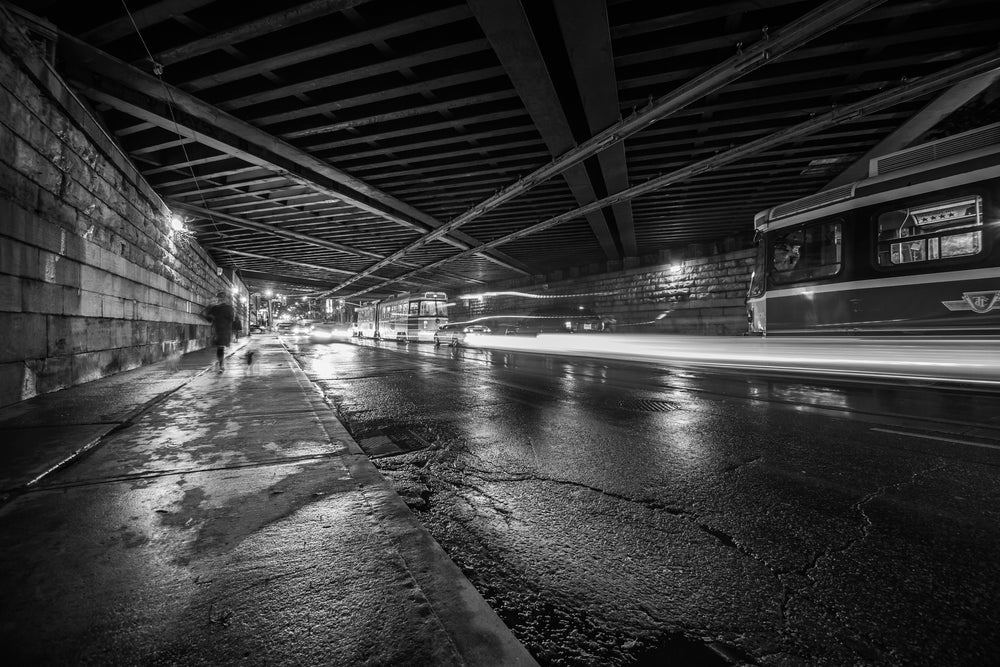 black and white night underpass