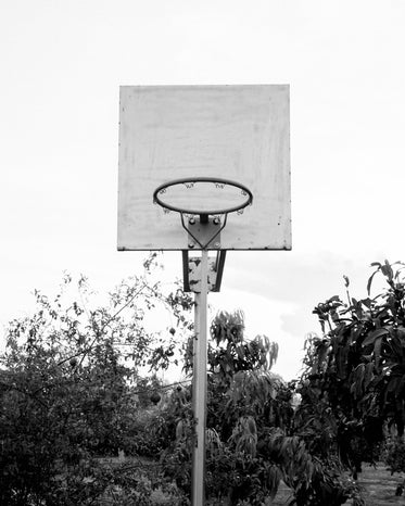 black and white photo of an outdoor basketball net