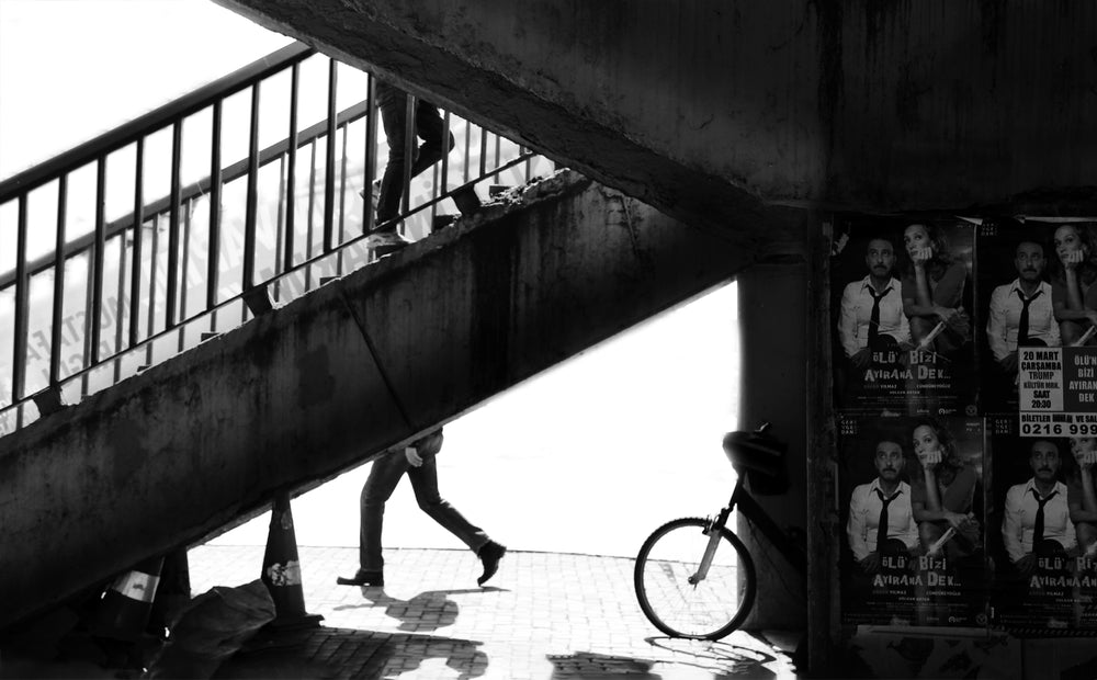 black and white photo of an outdoor city staircase