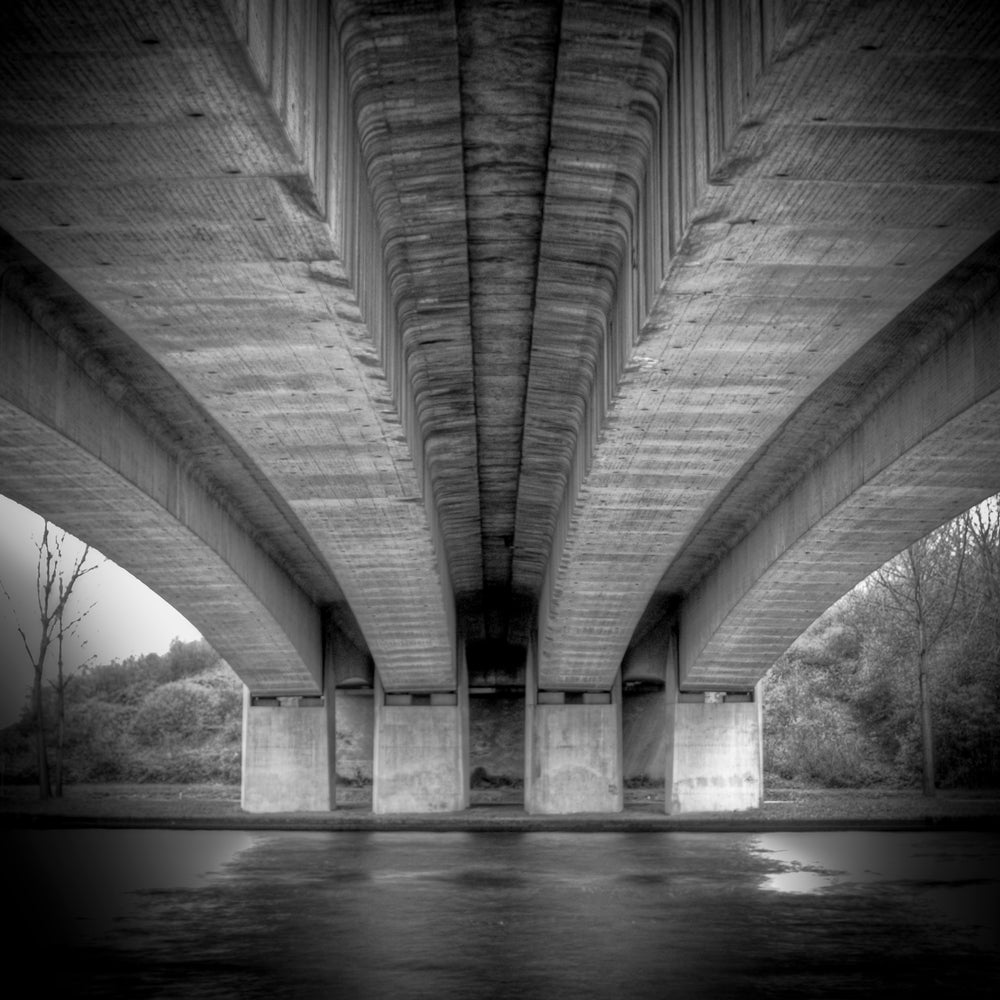 black and white under bridge over river