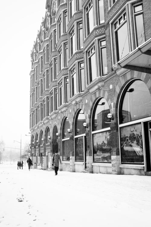 black and white winter downtown