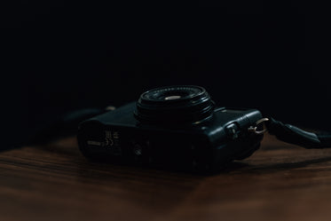 black camera lays on wooden table