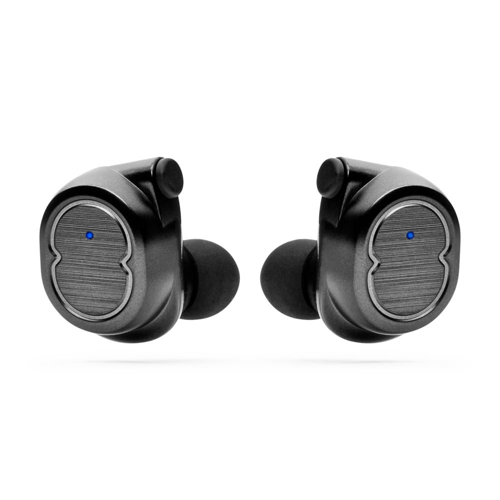 black wireless bluetooth earbuds on white background