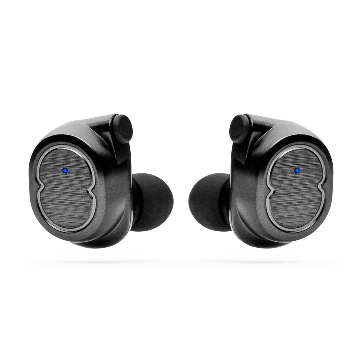 black wireless bluetooth earbuds on white background