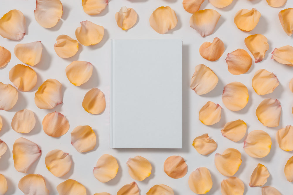 blank white book with rose pedals