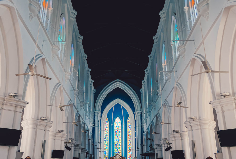 blue and white church