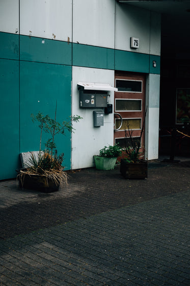 blue building with a brown door