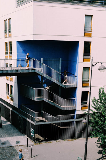 blue external stairwell