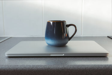 blue mug sits on a closed silver laptop