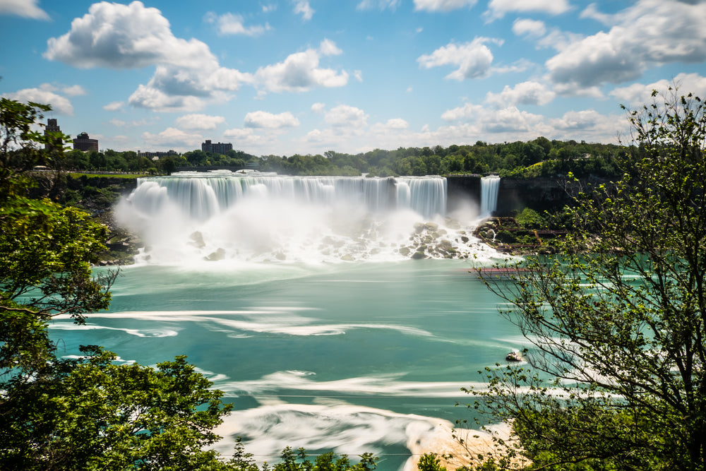 blue skies and waterfalls