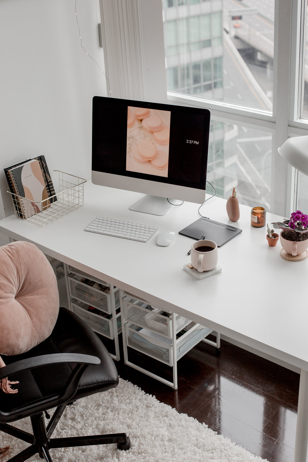 blush pink and white workspace