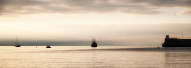 boats and birds silhouetted along still water