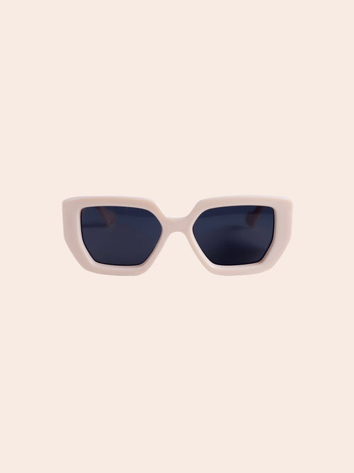 bold white framed sunglasses on white background