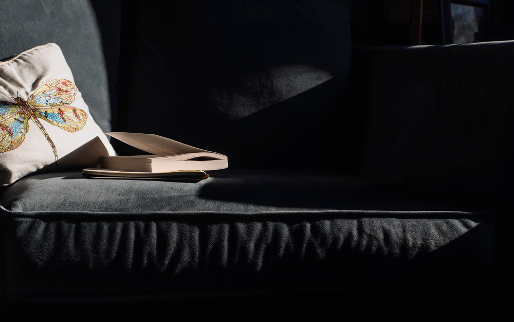 books on sofa in sunbeam