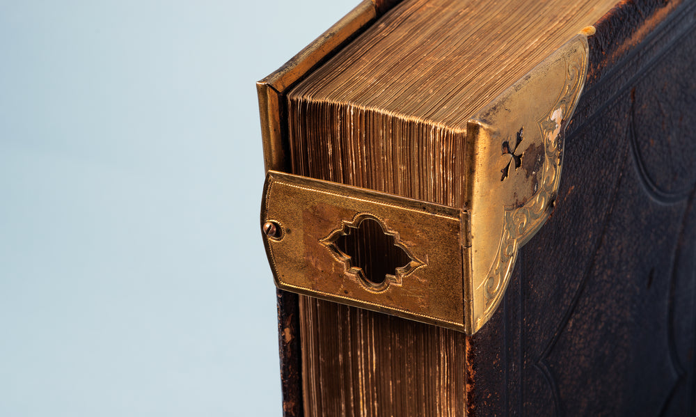 brassy ornate clasp on an old book