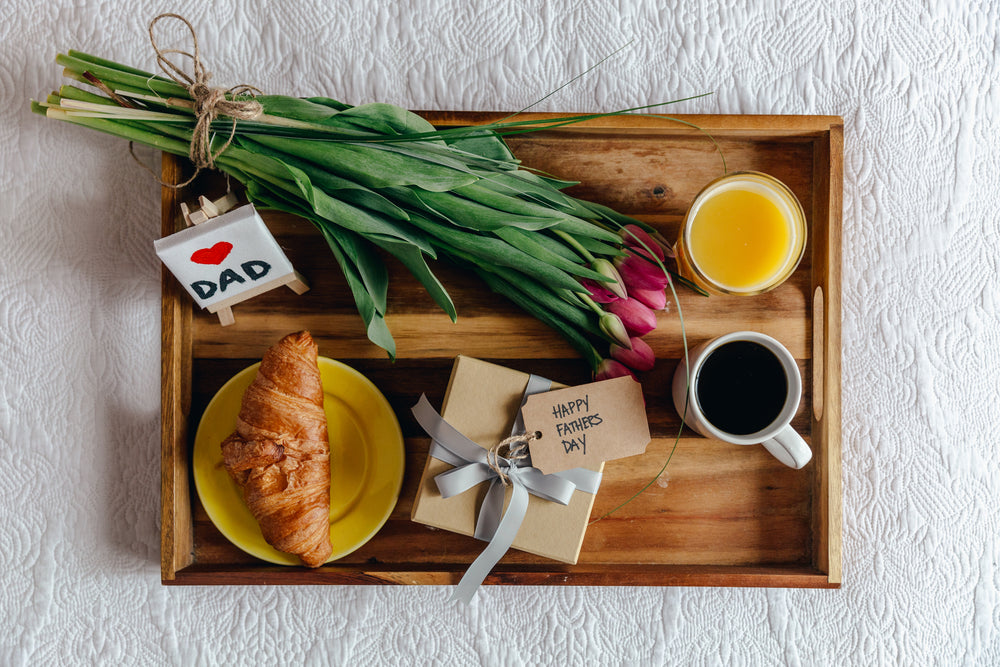 breakfast gift and flowers for dad