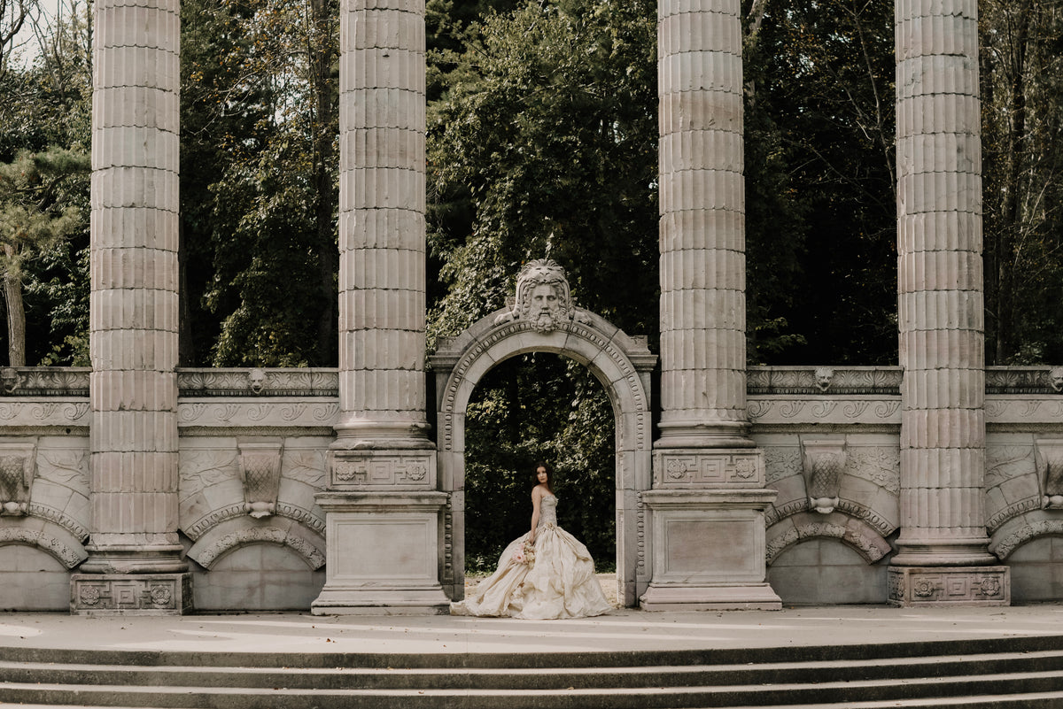 bridal fashion near antique pillars